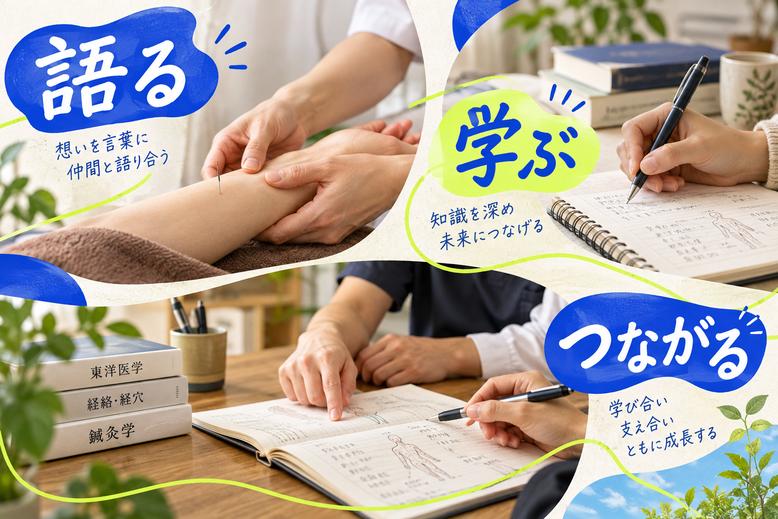 鍼灸の施術と学び合う手元に「語る・学ぶ・つながる」の言葉を組み合わせたイメージ